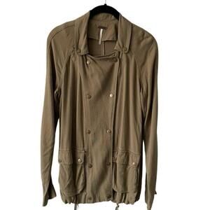Temperance Button Front Collared Outdoor Casual Utility Jacket Olive Green XS